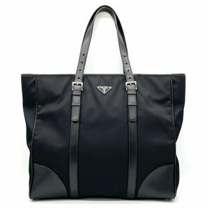 1円 美品 PRADA プラダ サフィアーノレザー テスートナイロン トートバッグ VA0663 ブラック ロゴプレート メンズ 