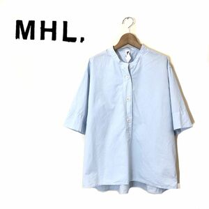 1S470-O-N◆良品◆ MHL MARGARET HOWELL マーガレットハウエル スタンドカラーシャツ 五分袖 トップス◆size1 コットン リネン ブルー