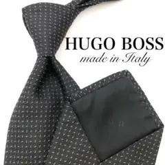 【極美品】HUGO BOSS ネクタイ 織柄 ドット柄 総柄 ブラック ゴールド