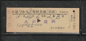 国鉄仙台印刷 はつかり8号 八戸＞盛岡 列車名印刷 緑地紋 D型 硬券特急券 パンチなし券 久慈駅発行