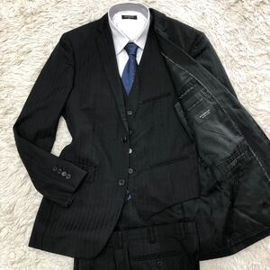 希少L!バーバリーブラックレーベル BURBERRY BLACK LABEL スーツ 3ピース セットアップ 黒 ストライプ 2B 総裏地 羊毛 艶感 高級感 40R