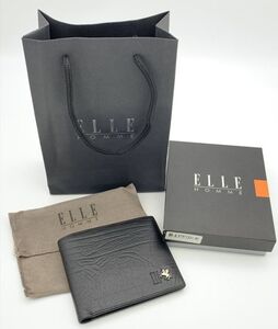 0l1k4cA015 【美品・未使用】ELLE HOMME メンズ 2つ折財布 ブラック 箱/保存袋あり エルオム 二つ折り レザー 財布 小銭入れ 男性用