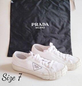 【保存袋付き】PRADA プラダ ローカットスニーカー サイズ7 27~27.5cm相当 2EG302 ホワイト 三角ロゴ