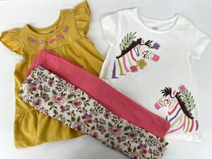 kids キッズ 女の子 半袖 ズボン 夏服 組み合わせ自由 4点セット 2T / 2歳 お花 しまうま ピンク チュニック レギンス 保育園着にも◎