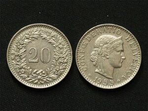 【スイス】 20ラッペン 1955年 シャクナゲと女神 白銅貨