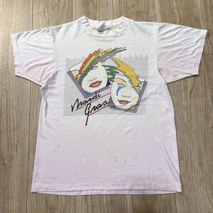 【送料360円】80s ビンテージ Hanes ヘインズ USA製 P.BASCLE / GRAPHTEX 仮面 アート 半袖Tシャツ カットソー ピンク レディース R-4169