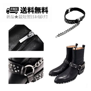 K424-41.. JIMMY CHOO ジミーチュウ ブーツ レザー バイカー アクセサリー チェーン ストラップ メンズ ★ ブラック