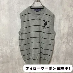 古着 used　US POLO ASSN ワンポイント刺繍ニットベスト　ボーダー柄　グレー　レトロ　デザイン　秋冬服