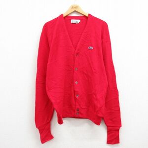 M/古着 ラコステ LACOSTE IZOD 長袖 ブランド ニット カーディガン メンズ 80s ワンポイントロゴ アクリル 赤 レッド 23sep27 中古 ト