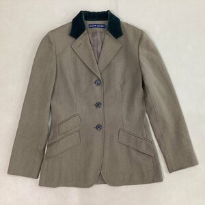 ■美品 RALPH LAUREN ラルフローレン テーラード乗馬ジャケット 襟ベロア切替 インパクト21 毛 日本製 サイズ11号 濃ベージュx緑/0.56kg■