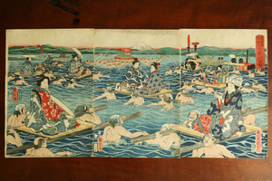 歌川国久　東海道川尽 大井川の図　3枚続　浮世絵 版画 木版 摺物 富士山 美人 着物 江戸 大判 検) 広重