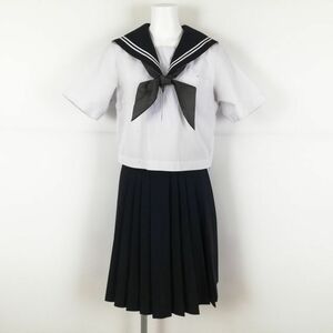 1円 セーラー服 スカート スカーフ 上下3点セット 夏物 白2本線 女子 学生服 中学 高校 白 制服 中古 ランクC NA7144