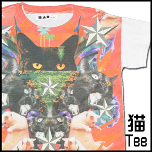 【M】ねこプリント 猫Tシャツ【黒猫 白猫 サンセット】半袖 メンズ 猫 tシャツ ネコtシャツ ねこtシャツ プリントＴシャツ 猫柄 猫グッズ