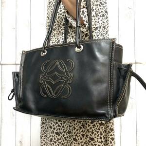 極美品/超希少●ロエベ LOEWE ショッパー トートバッグ ハンドバッグ 肩掛け アナグラム 大容量 A4 書類 レザー 本革 黒 ブラック ステッチ