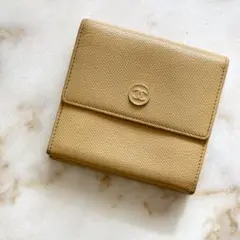 CHANEL シャネル ココボタン Wホック レザー コンパクト財布 ベージュ