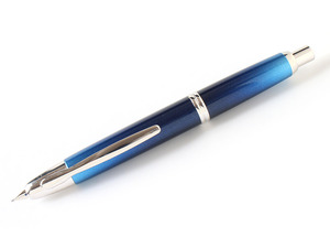 E25249 美品 PILOT パイロット キャップレス ノック式 万年筆 シルバー×ブルー 青 ペン先18K 750 筆記未確認 筆記用具 日本製