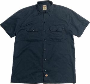 Dickies ☆ ワークシャツ 半袖 ネイビー 紺色 シャツ M 春夏 ワーク アメカジ スケーター ストリート 人気 定番 古着 ディッキーズ■SAP466