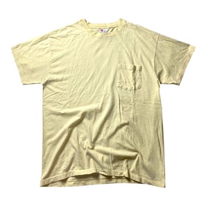 シンプル! 80s 90s USA製 Hanes ヘインズ ヴィンテージ クルーネック 無地 半袖 ポケット Tシャツ ライト イエロー 黄色 L メンズ 古着