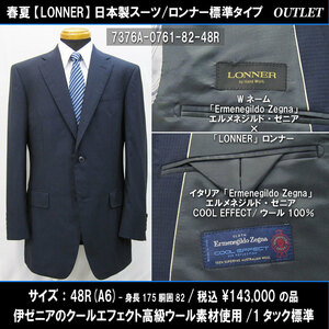 7376春夏【Zegna×LONNER】日本製スーツ48R=A6(T175W82)濃紺系マイクロチェック/ゼニアCoolEffect生地/標準/143000円/ロンナーアウトレット