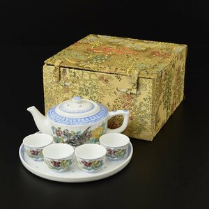 ◎512943 美品 中国景徳鎮製 己卯年 冬月 白磁粉彩 煎茶器 盆付 急須×1 盆×1 湯呑×5 煎茶道具茶具