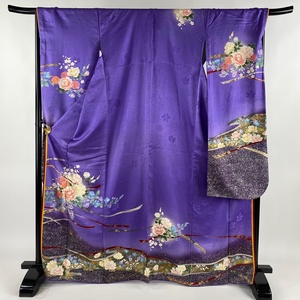 振袖 身丈167cm 裄丈68cm L 袷 鬘帯 草花 金糸 金銀彩 紫 正絹 秀品 【中古】