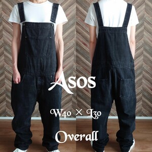 asos ブラックデニムオーバーオール/サロペット 古着/実寸W40L30【YOA1297】