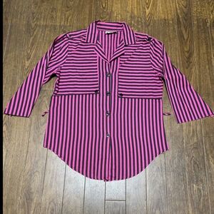 80s 90s VINTAGE LADIES BLACK PINK STRIPE SHIRT ビンテージ レディース 黒ピン ピンク デザイン シャツ 古着 USA アメリカ 美品