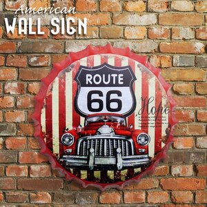 1円～売り切り 王冠 ブリキ看板 蓋 ルート66 ROUTE66 ウォールサイン アメリカン雑貨 ヴィンテージ アメリカンレトロ 雑貨 35cm BZ-214RD