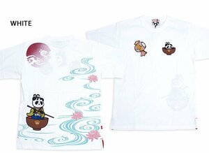 一寸熊猫半袖Tシャツ◆PANDIESTA JAPAN ホワイトXLサイズ 554856 パンディエスタジャパン パンダ 和柄 和風 刺繍 昔話