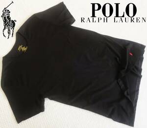 新品★ラルフローレン★セクシーな ブラック Tシャツ★レッド ポロマーク ロゴ刺繍★クルーネック 黒 赤 L★POLO RALPH☆318