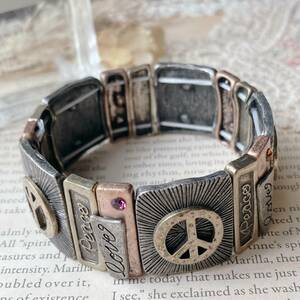 ヴィンテージブレスレット　LOVE＆PEACE　ゴールド　ブロンズ　ストーン☆Vintage jewelry accessories R0071