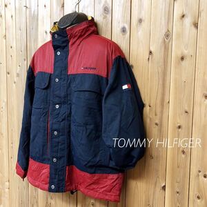 TOMMY HILFIGER◇トミーヒルフィガー ナイロンジャケット ダブルジップ マウンテンパーカー 裏フリース フード収納 アメカジ USA古着 L