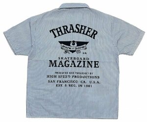 良品 THRASHER MAGAZINE スラッシャー マガジン 胸 ロゴ 刺繍 バック プリント 半袖 ストライプ ワーク シャツ sk8 スケート