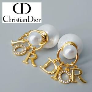 美品 Christian Dior ピアス TRIBALES トライバル ゴールド パール ラインストーン ロゴ アクセサリー クリスチャンディオール レディース