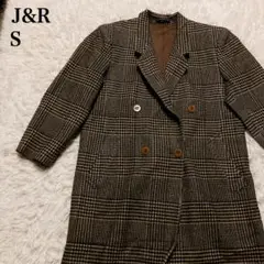 J&R チェック柄 ダブルブレストコート S ブラウン系　カシミア混　肩パッド