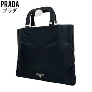 極美品　PRADA プラダ　ハンドバッグ　ブラック　黒　サテン　手提げ　トートバッグ　ショルダーバッグ　三角プレート　白タグ