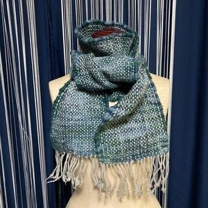 ハンドメイド 手織り ウール100％ ロングマフラー ブルーグレイ系 handmade wool handwoven scarve shawl blue green gray pattern