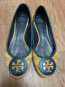 トリーバーチ【フラット バレーシューズ】パンプス ローヒール 靴 籠 ロゴ ゴールド size6 23cm TORY BURCH 藁 12128004 麻