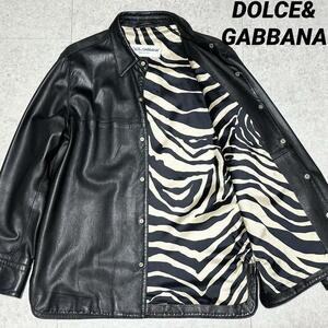 1円 高級！DOLCE&GABBANA レザーシャツ スナップシャツ ゼブラ柄 本革 46 肉厚 