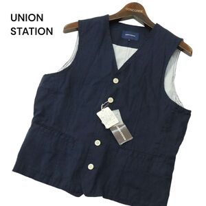 新品 未使用★ UNION STATION ユニオンステーション メンズビギ 春夏 麻 リネン混 ベスト ジレ Sz.M　メンズ ネイビー　A4T07953_7#M