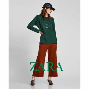 処分sale!新品タグ付☆ZARAザラ☆ロゴスタッズ長袖TシャツL緑