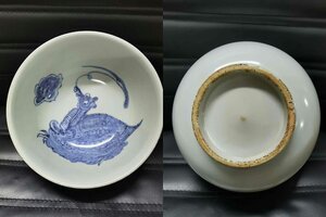 ■観心・時代旧蔵■C257珍品旧蔵 朝鮮 高麗磁 朝鮮古陶磁器 古高麗 李朝時代 李朝白磁青花亀龍紋大碗