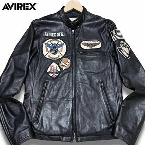 極美品●定価7.5万 AVIREX アヴィレックス ラムレザー シングルライダースジャケット 羊革 ダブルジップ ブルゾン ワッペン M ブラック 黒