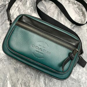 1円【現行/未使用級】COACH コーチ トンプソン デカロゴ メンズ ショルダーバッグ ボディバッグ ウエストポーチ 斜め掛け レザー グリーン