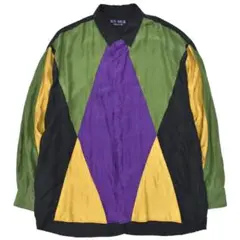 90s ビンテージ MY SILK シルクシャツ XL 黒 アーガイル ダイヤ