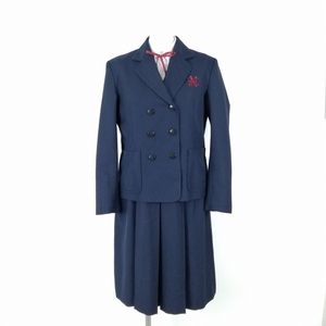 1円 ブレザー ジャンパースカート 紐タイ 上下4点セット 冬物 女子 学生服 中学 高校 紺 制服 中古 ランクC NA0875