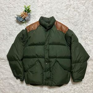 【圧巻の防寒着】ショット 2way ダウンジャケット 切替 レザー モスグリーン 緑 USA Schott M 茶 ブラウン (240928-nn-2)