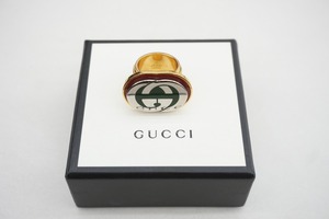 美品 国内正規 GUCCI グッチ インターロッキングG ワイド リング 指輪 ゴールド シルバー ミケーレ 本物1123N▲