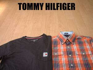 即戦力2着セットTOMMY HILFIGER胸ポケットTシャツ&ボタンダウンシャツ美品S正規トミーヒルフィガー黒ブラック&好配色チェック