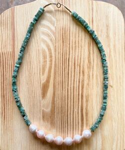 -SUI8- No.59 エメラルドと淡水真珠のエレガントネックレス　K14GF 24KGP 46cm Emerald and fresh water pearl elegance necklace K14GF